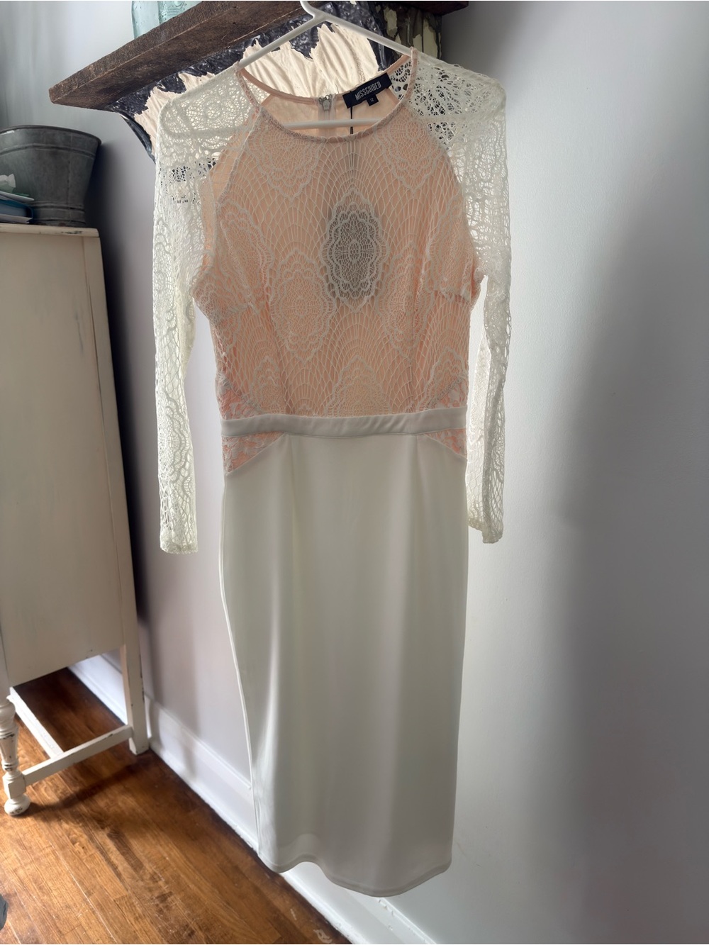 Missguided Lace Long-Sleeve Sheath Dress in Blush & White